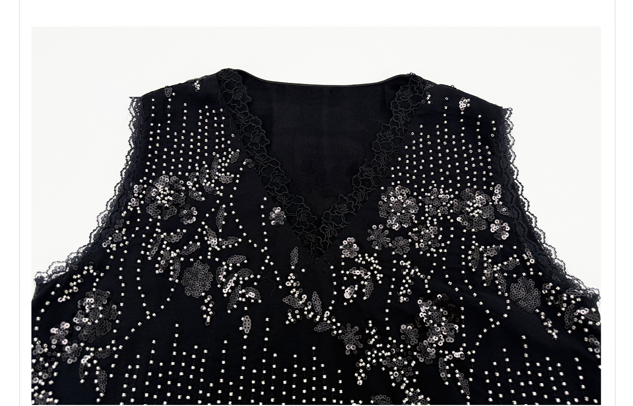Bộ ba món vest đen, váy nửa và quần dài phong cách Tân Trung Hoa cổ điển, cổ V, thêu sequin — Vest đen, Trang phục [Vest+Half Dress], nửa váy, Quần dài chi tiết 3
