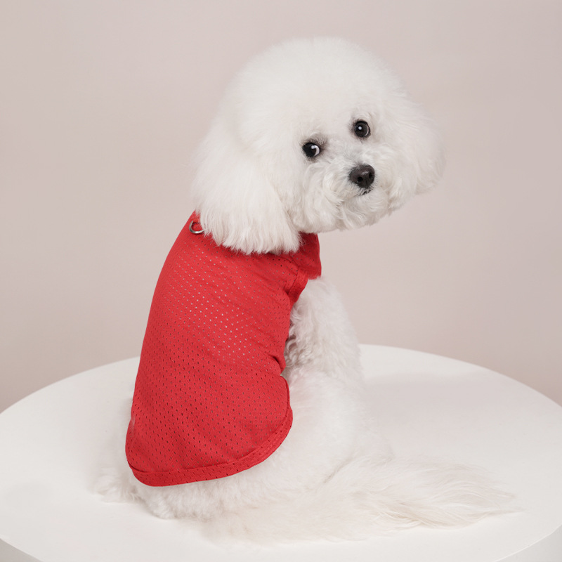 Primavera y verano nuevo estilo mascota gato perro ropa chaleco agujero camiseta transpirable pequeño y mediano peluche bichon perro ropa al por mayor