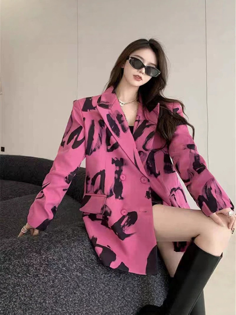 Pink Abstract Print Suit 2026 Spring and Autumn New Hong Kong Style Jacket Loose Casual Stylish Fashion Suit Top