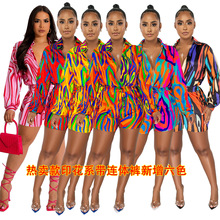 Q22S8192 欧美女装亚马逊新款 秋冬时尚印花衬衣领休闲连体裤