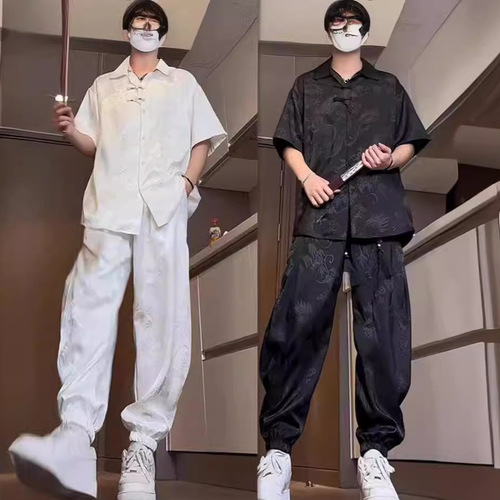 Modern Chinese Men's Fashion: Retro Style Casual Shirt, Summer Short Sleeve, Flowing, Elegant Ice Silk Blouse with Outerwear