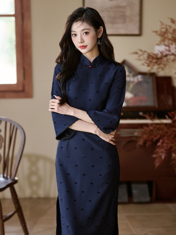 洛士博新中式旗袍2025新款改良秋季蓝色国风优雅长袖绝美女长款|undefined