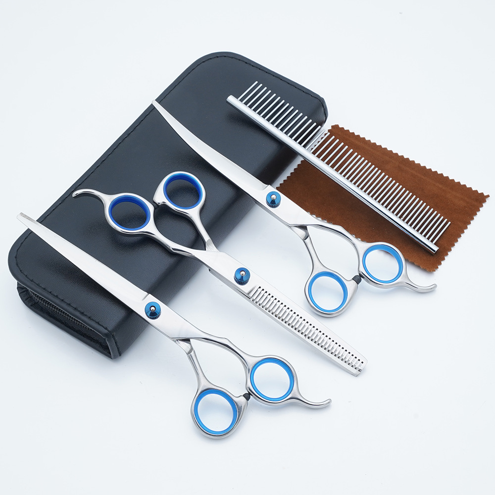 Tijeras para mascotas Tijeras de belleza para perros de acero inoxidable Tijeras curvas de 7 pulgadas Tijeras de dientes de recorte de pelo de gato Juego de tijeras planas para peluche