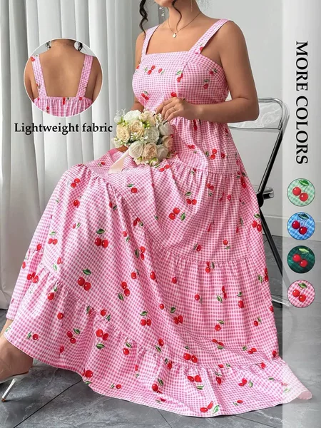 Amazon Tk European and American Cross-Border Summer New Cherry Print Spaghetti Strap Dress for Women, French Pastoral Style, Gentle Plus-Size Dress