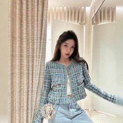 2025夏季新款南油cha时尚名媛小香风宽松减龄撞色圆领长袖外套女