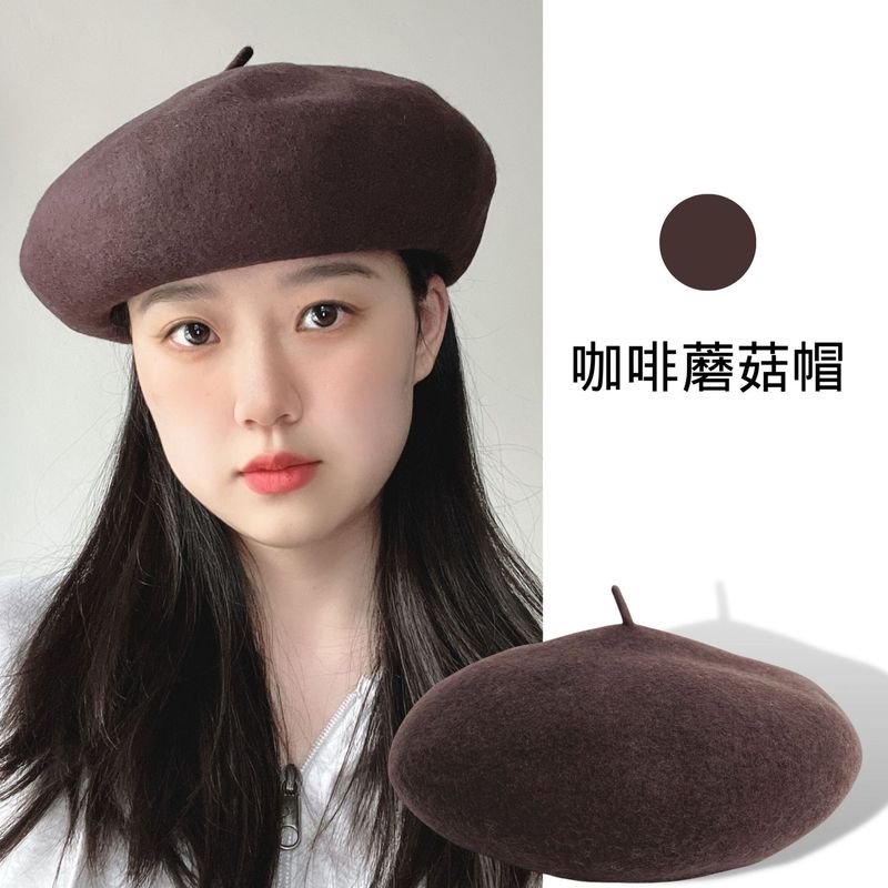 新款秋冬羊毛贝雷帽子女时尚羊绒蘑菇帽深檐大头围立体画家帽批发|undefined