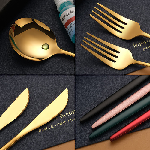 304 stainless steel cutlery, forks, spoons and chopsticks creative Portuguese Western tableware black gold glossy steak cutlery set wholesale
