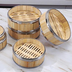 蒸し器、家庭用蒸し器、竹製小籠包、蒸し器、ステンレス製縁取り、広東朝茶レストラン蒸し器。