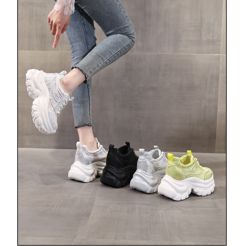 Giày sneaker chunky nữ đế dày mặt lưới đính đá tăng chiều cao — Màu đen chi tiết 16