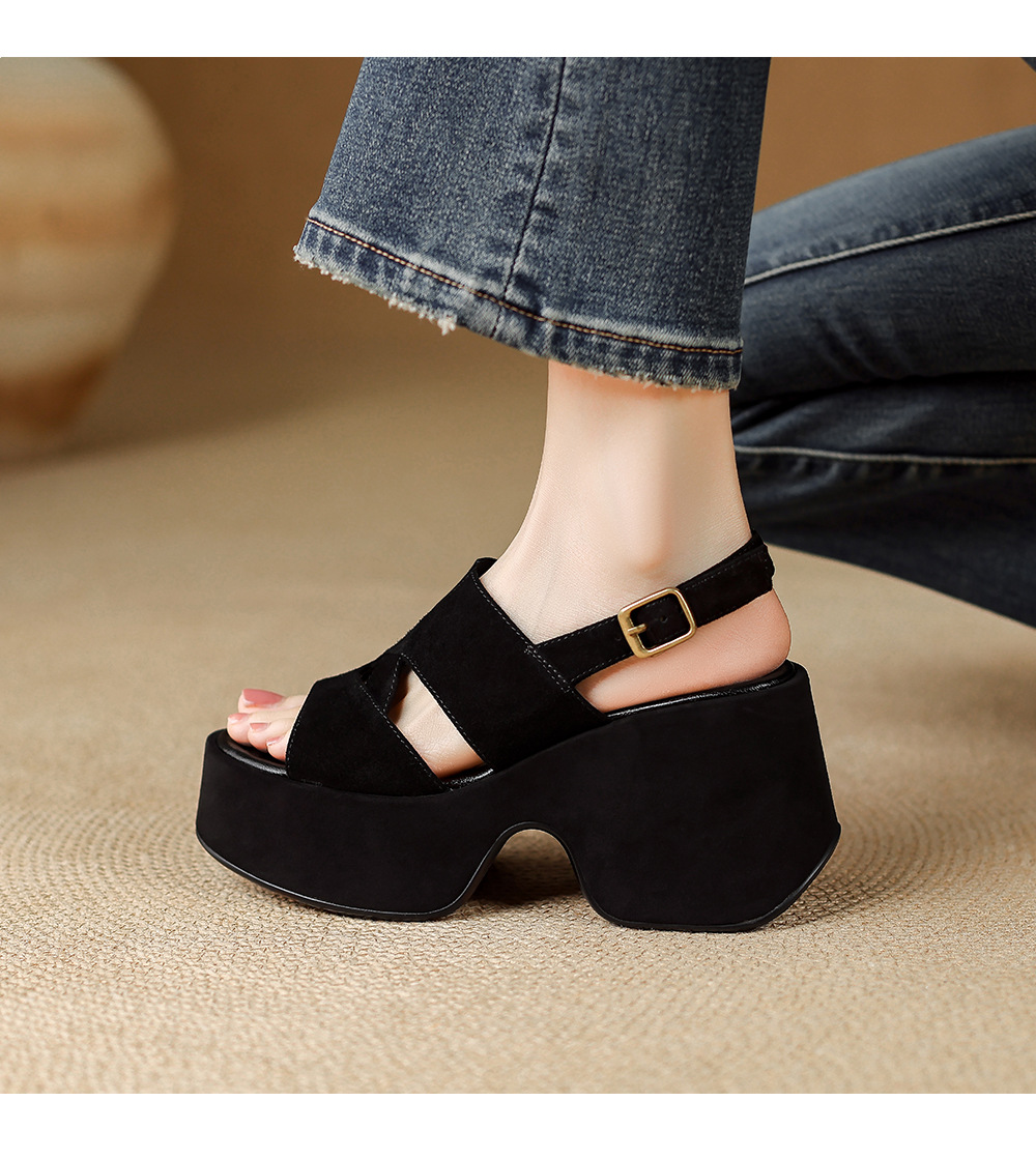 Sandal cao gót nữ đế platform da lộn quai ngang gót 9 cm — Da cừu đen lật, Da cừu đen chi tiết 6