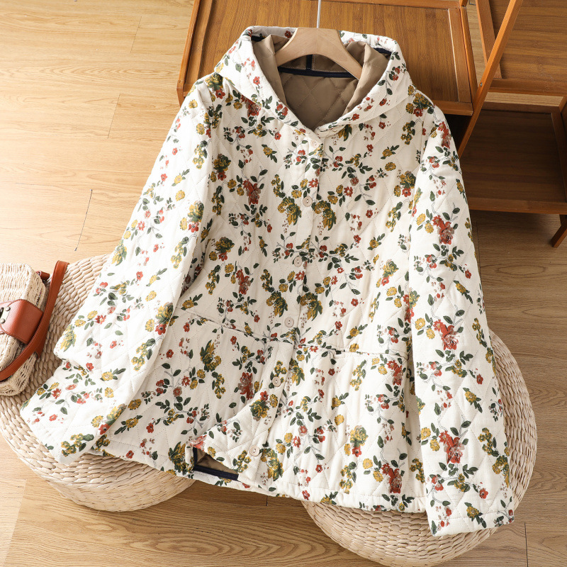 In-Stock Cotton-Linen Floral Cotton Jacket for Women, 2025 Winter New Vintage Loose Hooded Padded Warm Cotton Coat