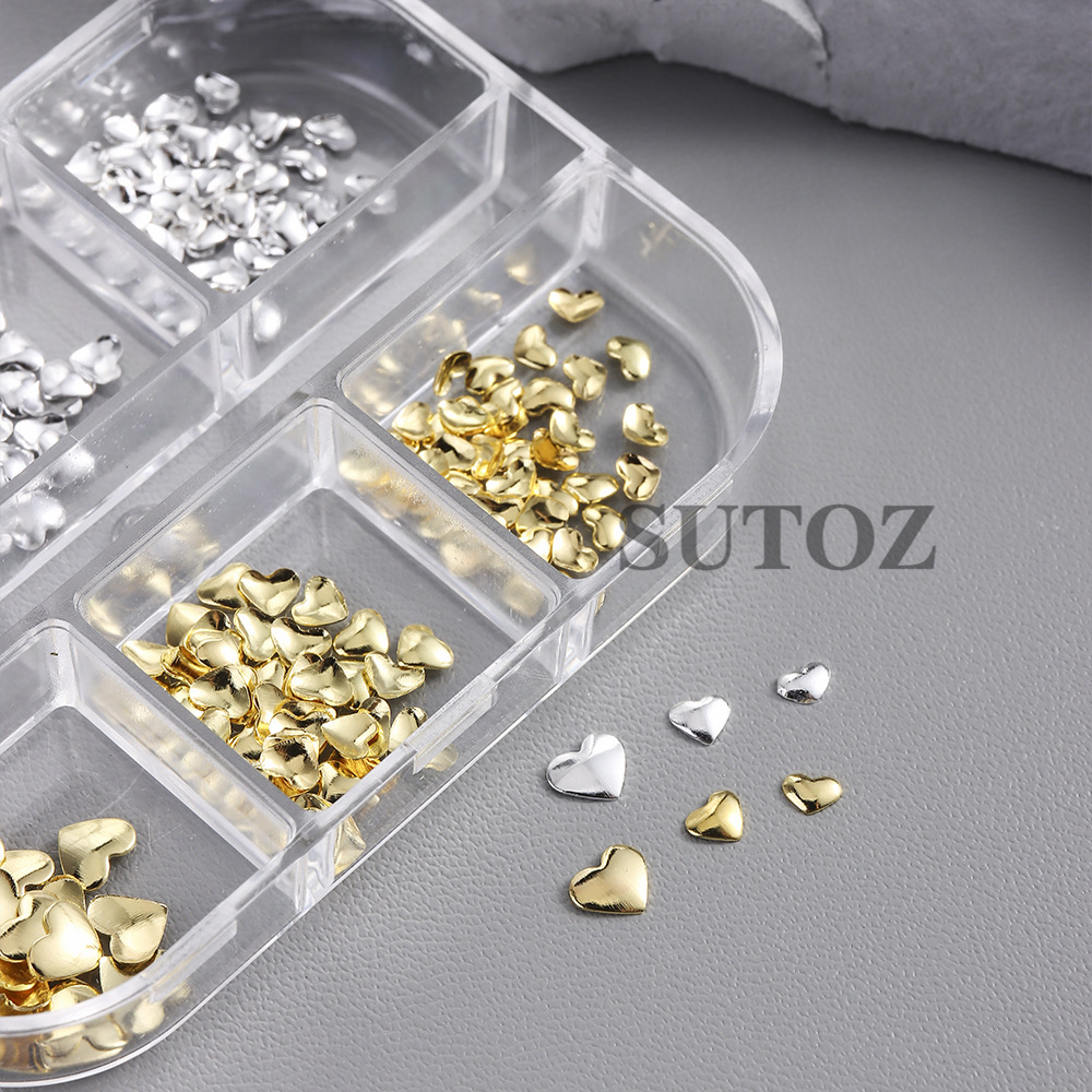 6-Compartment Gold and Silver Two-Tone Heart Nail Art Decoration Set, Hollow Twist Solid Heart Sequins, Exquisite Versatile Decoration