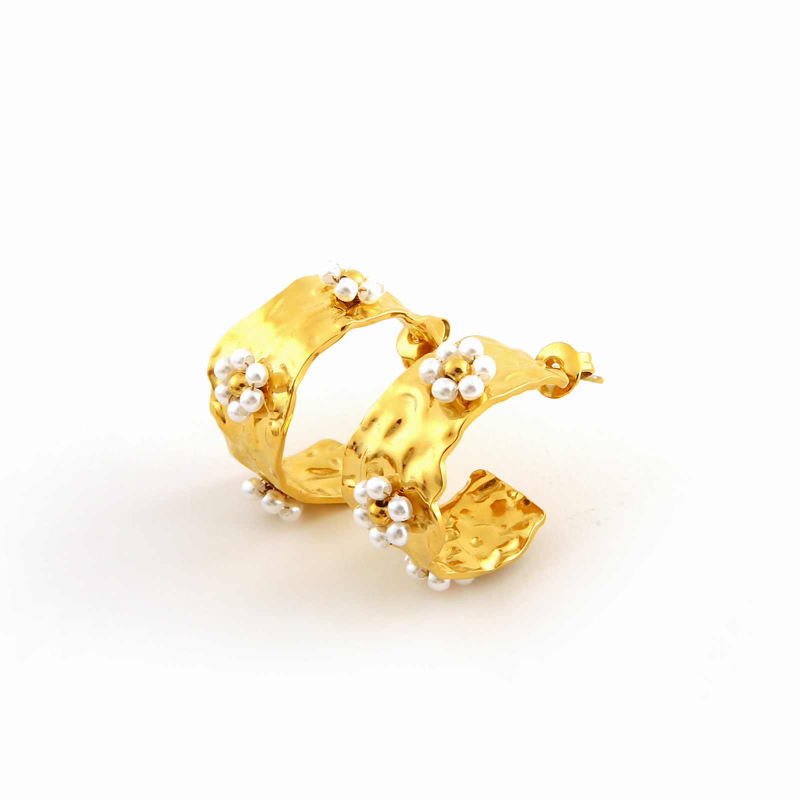 8g Weight 304 Stainless Steel Ear Needle Material 18K Gold Plated Plating Material 1 Pair IG Style Simple Style C Shape Flower Beaded 304 Stainless Steel 18K Gold Plated Ear Studs