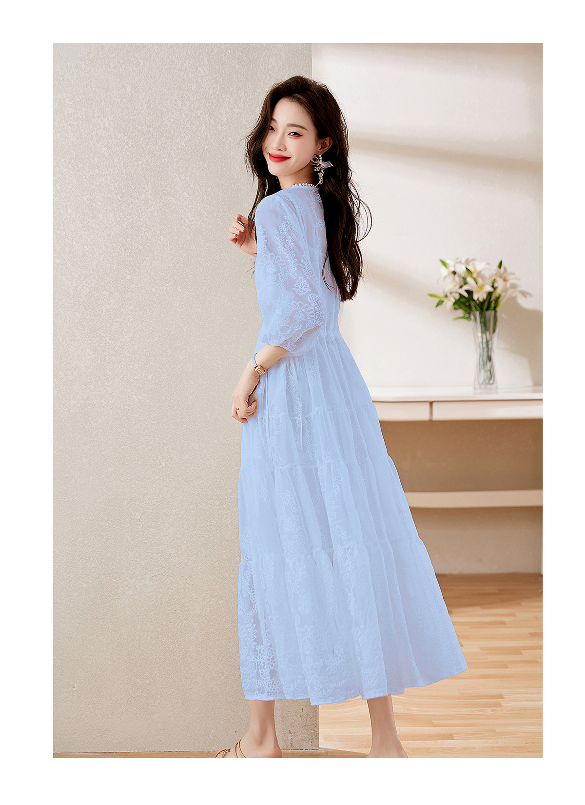 Đầm maxi nữ cổ V thắt eo dáng dài thanh lịch NY1608 — xanh lam, màu tím, màu vàng chi tiết 10