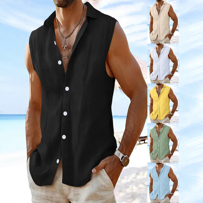 Cross-Border European and American 2026 Spring New Men's Cotton and Linen Lapel Sleeveless Loose Casual Beach Shirt Men's Fashion Trendy Style Cross-Border European and American 2026 Spring New Men's Cotton and Linen Lapel Sleeveless Loose Casual Beach Shirt Men's Fashion Trendy Style
