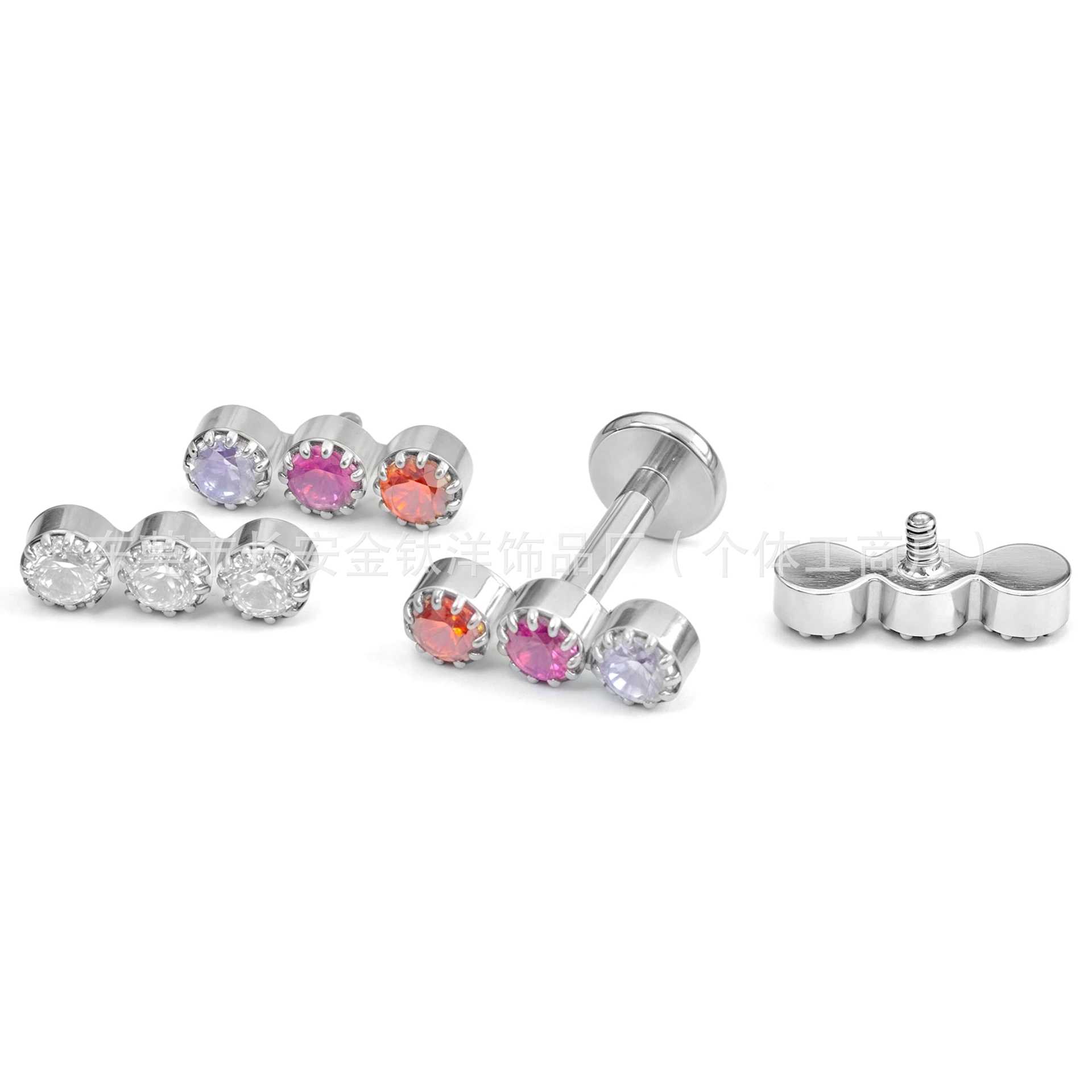 F136 Titanium Inner Tooth Straight Three-Zircon Lip Nose Ear Piercing Jewelry - 1.2mm*14mm detail image 7