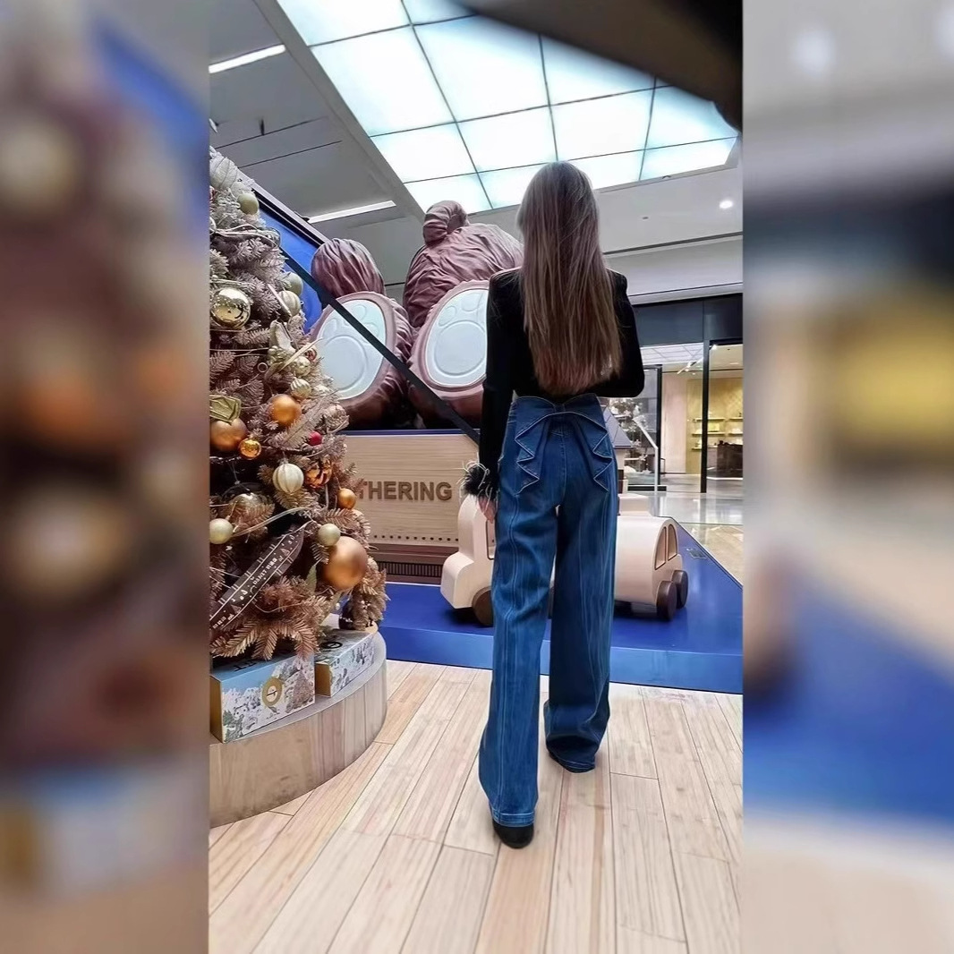 소녀의 심장 허리 활 디자인 넓은 다리 청바지 2025 봄과 가을 새로운 패션 슬리밍 좁은 직선 다리 바지