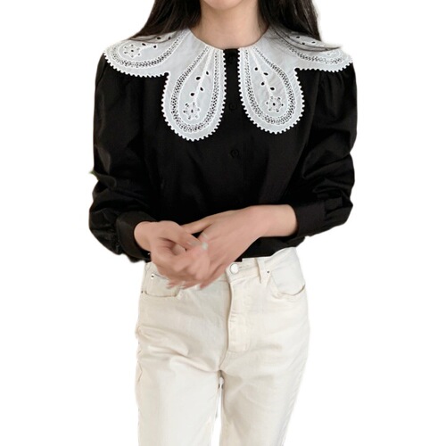 Korean Dongdaemun Spring and Autumn Retro Design Ruffle Collar Bubble Sleeve Women's Shirt