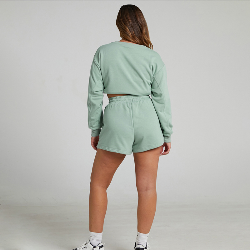 Solid Color Long Sleeve Sweaters Women Clothing Short Two-Piece Casual Shorts Suit