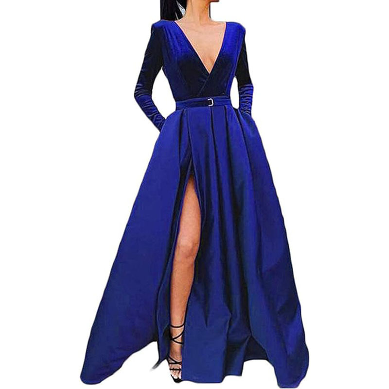 Amazon evening dress bridal long velvet ball gown V-neck long sleeve high slit formal dress