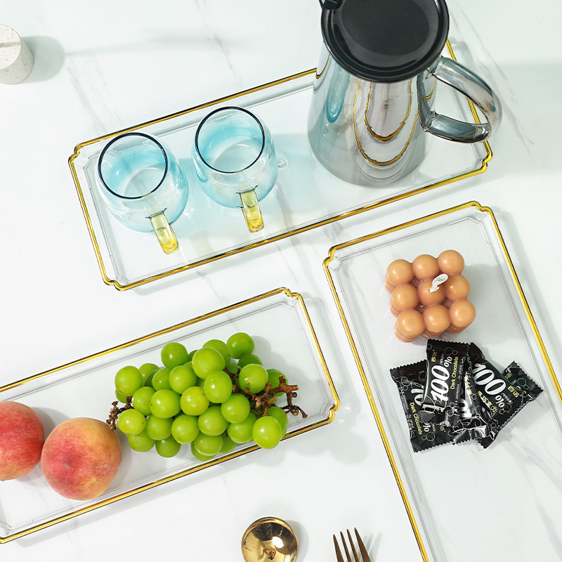 nordic light luxury rectangular tea tray tray household tea cup storage cup living room coffee table transparent golden edge tray and dinner plate