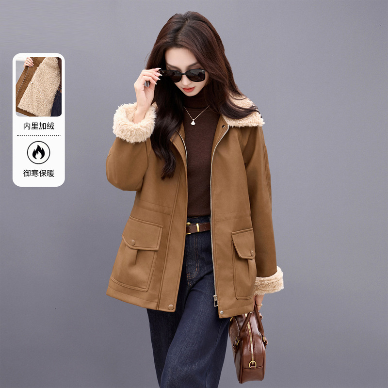 Fleece-Lined Thickened Leather Jacket for Women, Winter 2026 New Style, Retro Chic, Warm, with Lamb Wool Collar, Pu Leather Cotton-Padded Jacket Fleece-Lined Thickened Leather Jacket for Women, Winter 2026 New Style, Retro Chic, Warm, with Lamb Wool Collar, Pu Leather Cotton-Padded Jacket