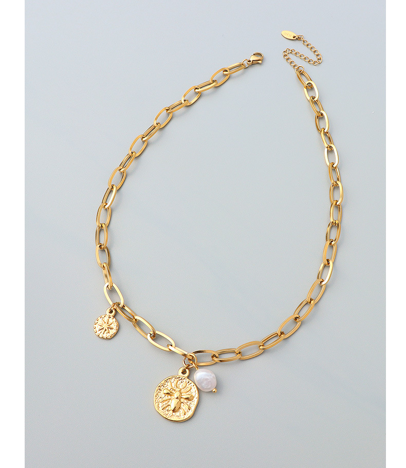 304 Stainless Steel, Freshwater Pearl Material PVD Coated Real Gold Plated Geometric Titanium Steel Fashion Waterproof Non Tarnish Necklace