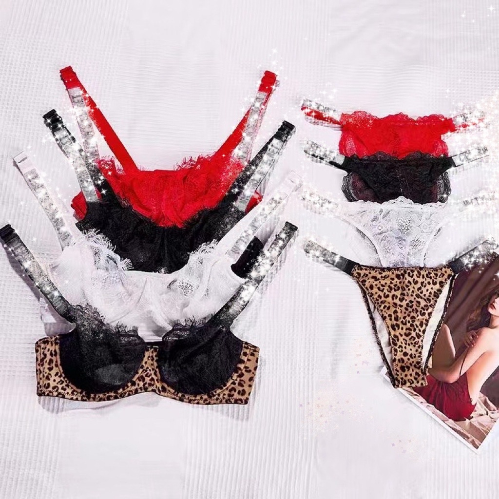 Conjunto de ropa interior sexy con sujetador de diamante caliente de encaje ajustable para mujer con copa fina_voghion.com