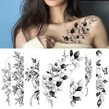 跨境專供 素描花朵紋身貼 素描紋身貼紙 玫瑰花朵黑白花朵 tattoo