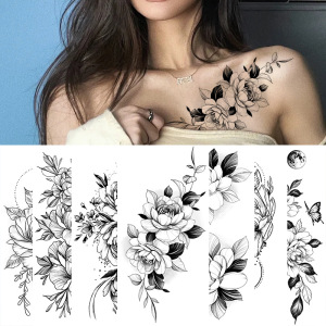2PCS Sketch flower tattoo stickers Photo shooting stage performance sketch tattoo stickers rose flowers in black and white flowers