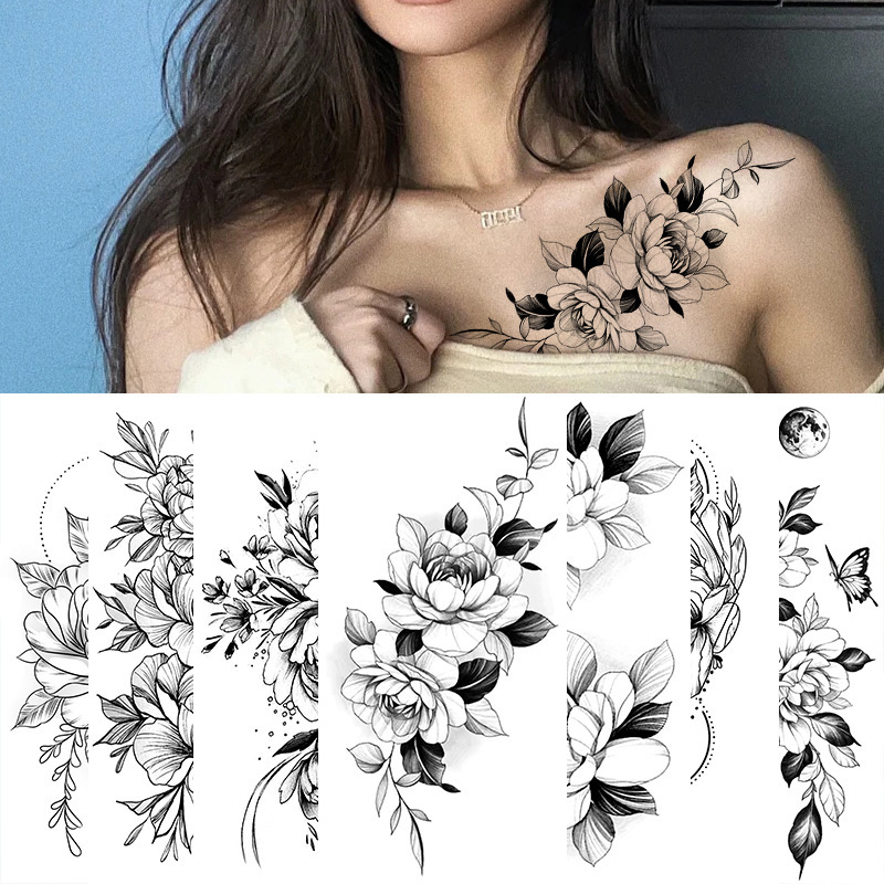Cross-Border Supply of Sketch Flower Tattoo Stickers, Sketch Tattoo Stickers, Rose Flower Black and White Flower Tattoo