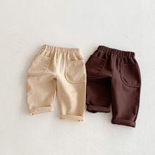 秋季儿童裤子童装韩国棉麻男女童泡泡条纹长裤复古大口袋休闲裤