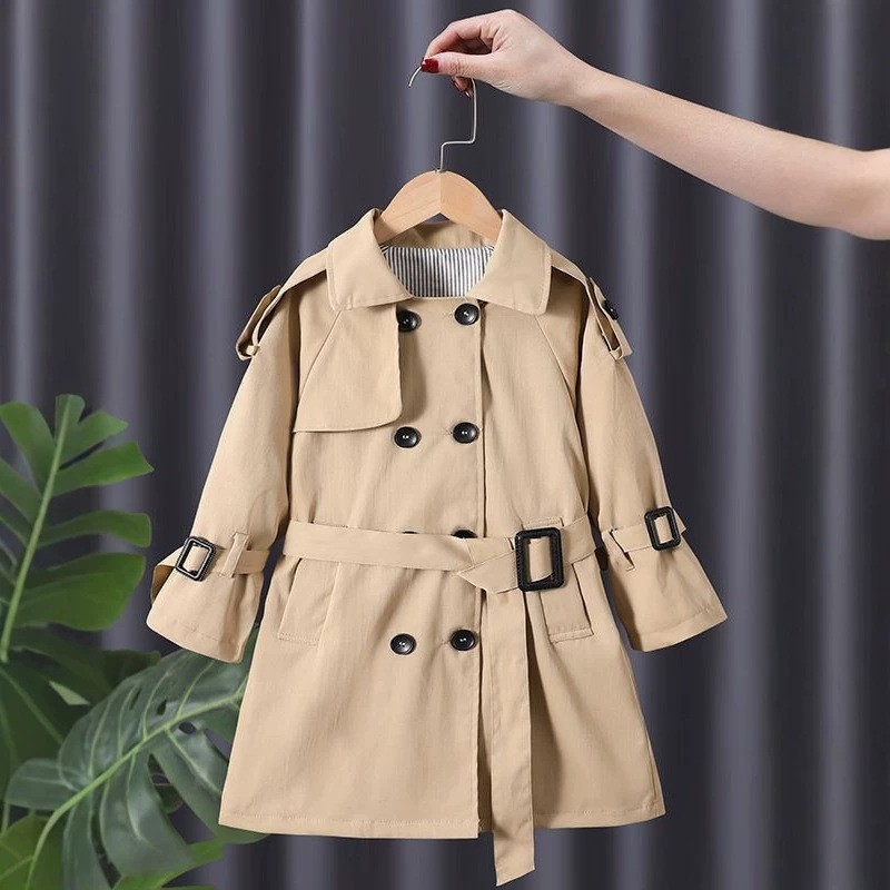Girls' Trench Coat Autumn New Style Children's Mid-Length Solid Color Waist-Cinched Turn-Down Collar Coat Fashionable British Style Coat 950