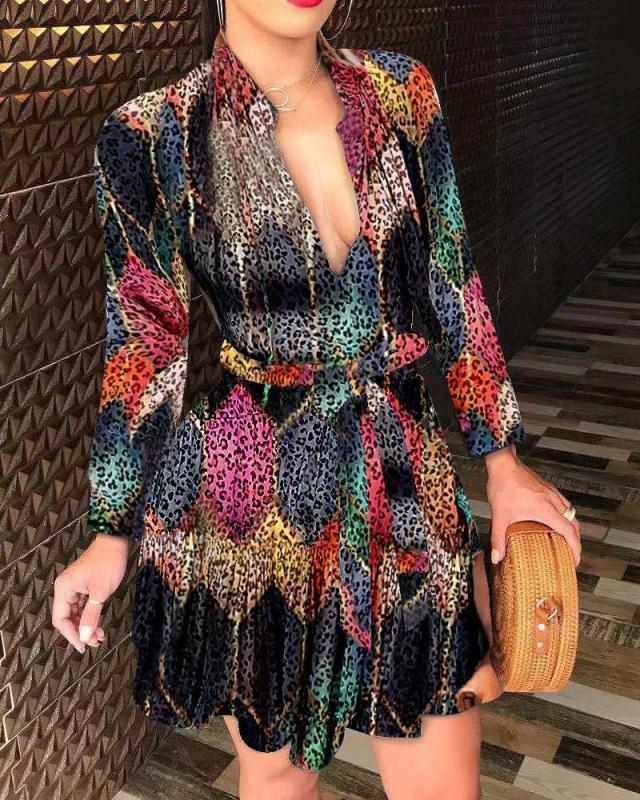 Long-Sleeved V-Neck Strap Sexy Printed Dress NSYF65912