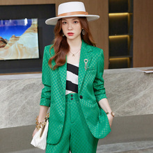 绿色格子西装套装女秋装时尚大牌高级感中长款轻奢休闲小西服上衣