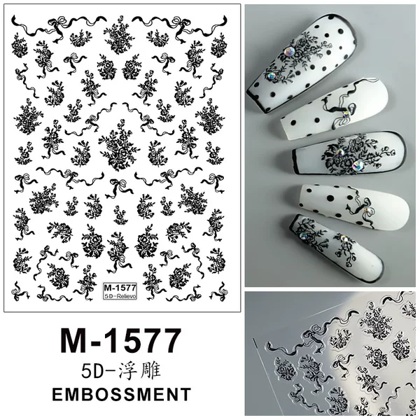 Cross-Border Internet Celebrity Ins New 5D Embossed Nail Art Stickers Black and White Bow Flower Stereo Nail Stickers M1577
