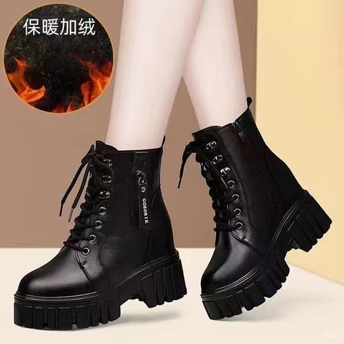 Women's Soft Leather Martens Boots with Fleece,  Autumn/Winter New Arrival Petite Heel Boots, Inner Heel Lift, British Style