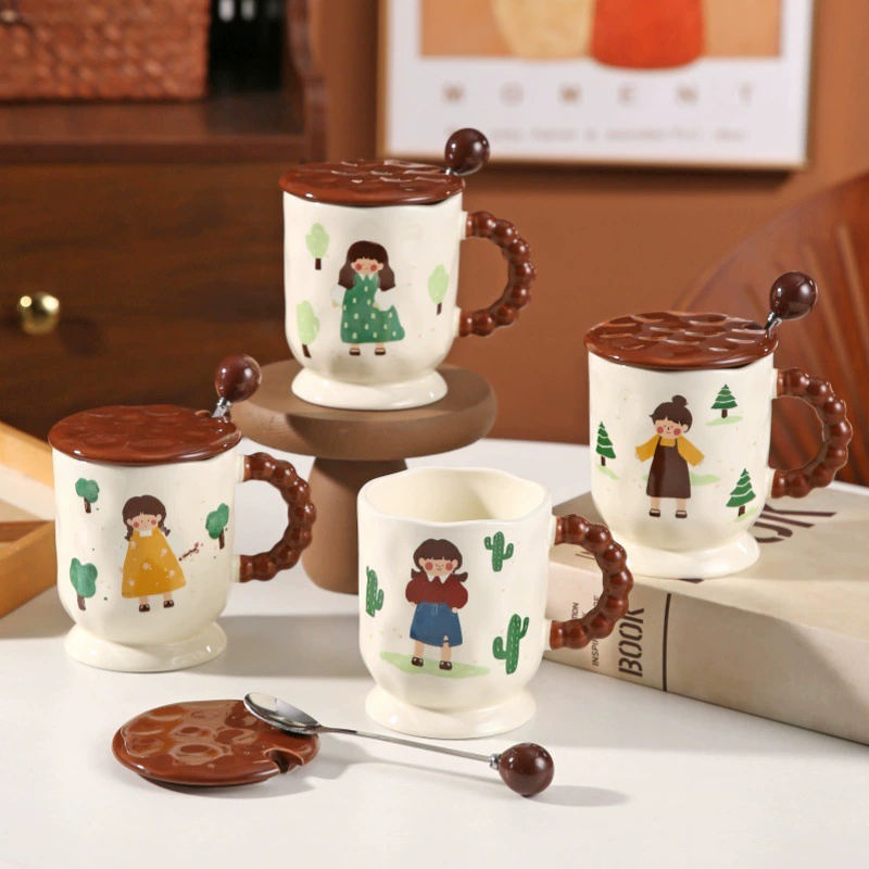 Кружка из керамики с крышкой в виде мультфильма, стильная домашняя офисная пара кружка для воды, сувенирный подарок для девушек