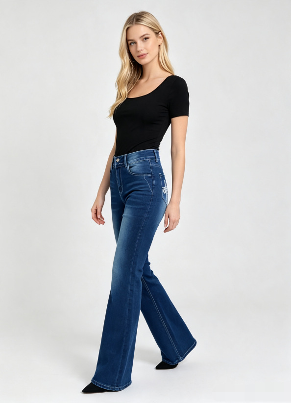 Jeans Acampanados de Cintura Alta para Mujer de Mezclilla de Algodón Elásticos Lavados
