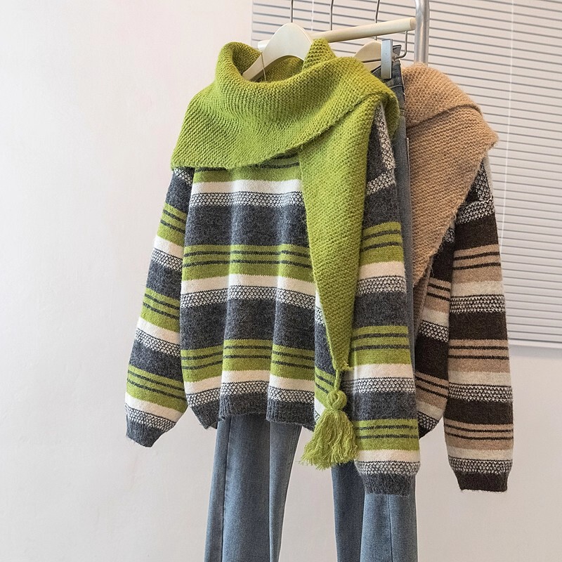 Green Striped Right Shoulder Sweater for Women 2025 Autumn and Winter New Large Size Fat mm Scarf Knitted Shawl Layered Two-Piece Set