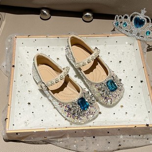 Girls Elsa Crystal Princess Shoes 2025 Autumn New Bow Children's Baby Leather Shoes Soft Sole Rhinestone Shoes