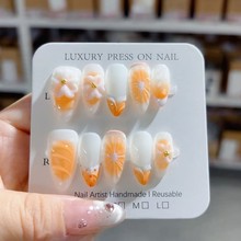精品外贸穿戴甲清新橘子水果雕花批发手工美甲片成品跨境欧美爆款