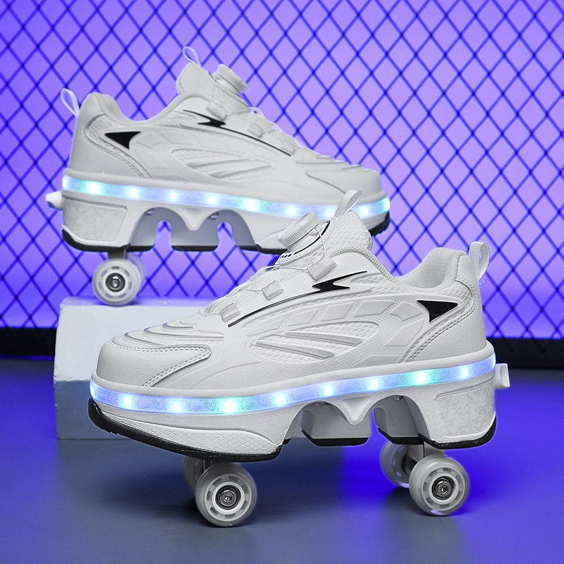 Transformable four‑wheel roller shoes, breathable mesh, unisex, sizes 33–43