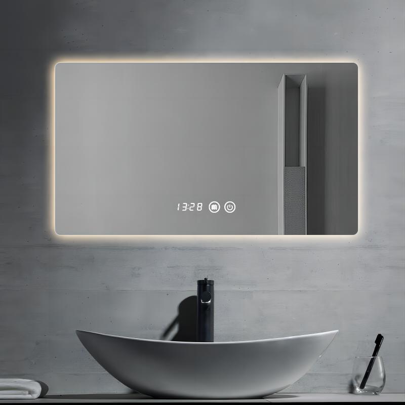 Espejo de baño pantalla táctil retangular espejo inteligente antiniebla pared LED luminoso baño con lámpara pared espejo