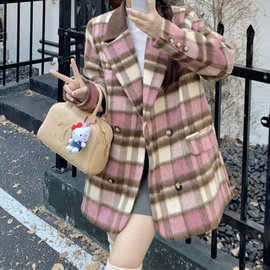大码秋冬新款洋气宽松时尚百搭气质格纹毛呢外套遮肉显瘦大衣氨纶