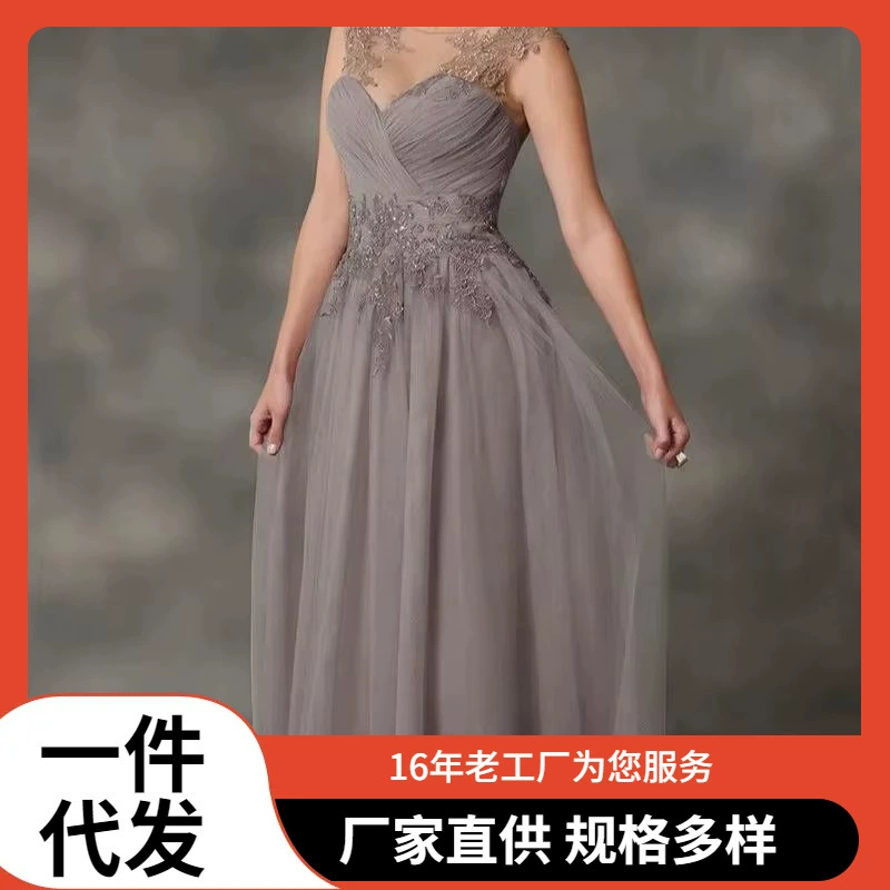 2025 внешнеторговое трансграничное кружевное платье с аппликацией, длинное элегантное платье с открытой спиной для вечеринки, свадьбы, матери