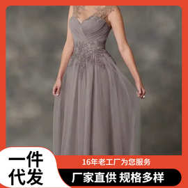 2025外贸跨境蕾丝贴花长款抓杆优雅露背派对婚礼妈妈装