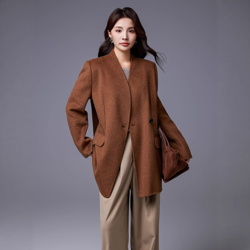 Retro Half-High V-Neck Woolen Short Coat for Women, New 26-Style Elegant and Simple Wool Fashion Jacket for Women