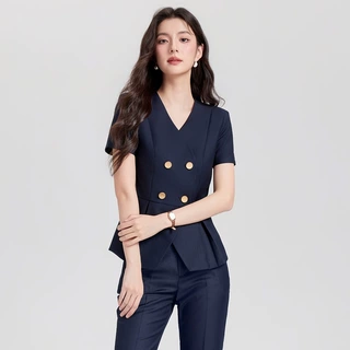 2026短袖V领西装夏季新薄款酒店前台工装珠宝店气质套装女工作服