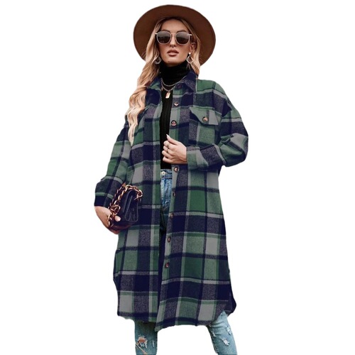 Autumn and winter European temperament windbreaker coat, side split lapel loose woolen plaid coat 